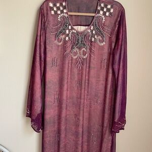 Elegant Handmade Burgundy Exquisite Bead Work Sheer Poly Maxi Dress Lg/XL